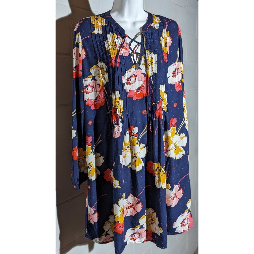 Old Navy Floral Print Tunic Dress Long Sleeve Lace Up Neckline Navy Blue Small